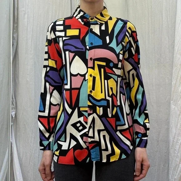 Multicolored Abstract Print Button Down Blouse Big Dart S/M Retro Bold Unique - Picture 3 of 6